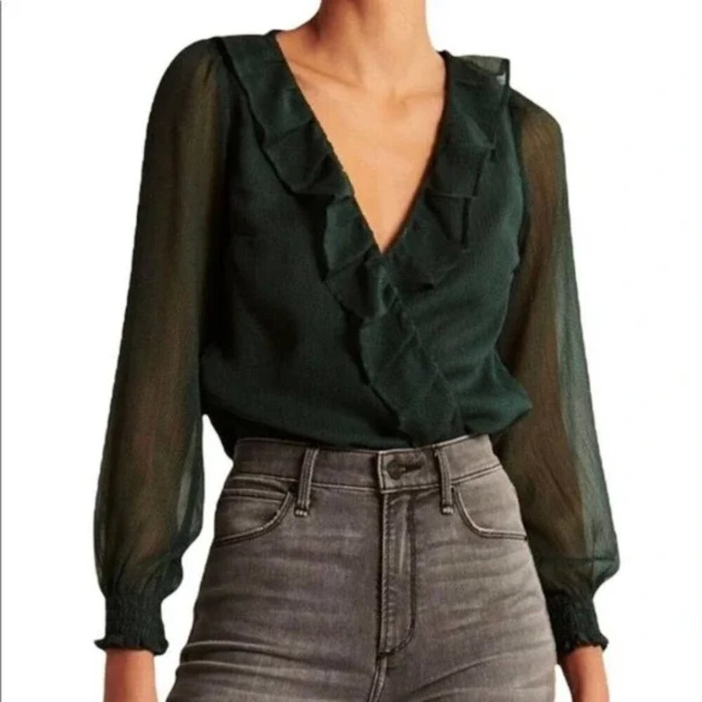 Abercrombie & Fitch Green Polka Dot Chiffon Ruffled Bodysuit Blouse